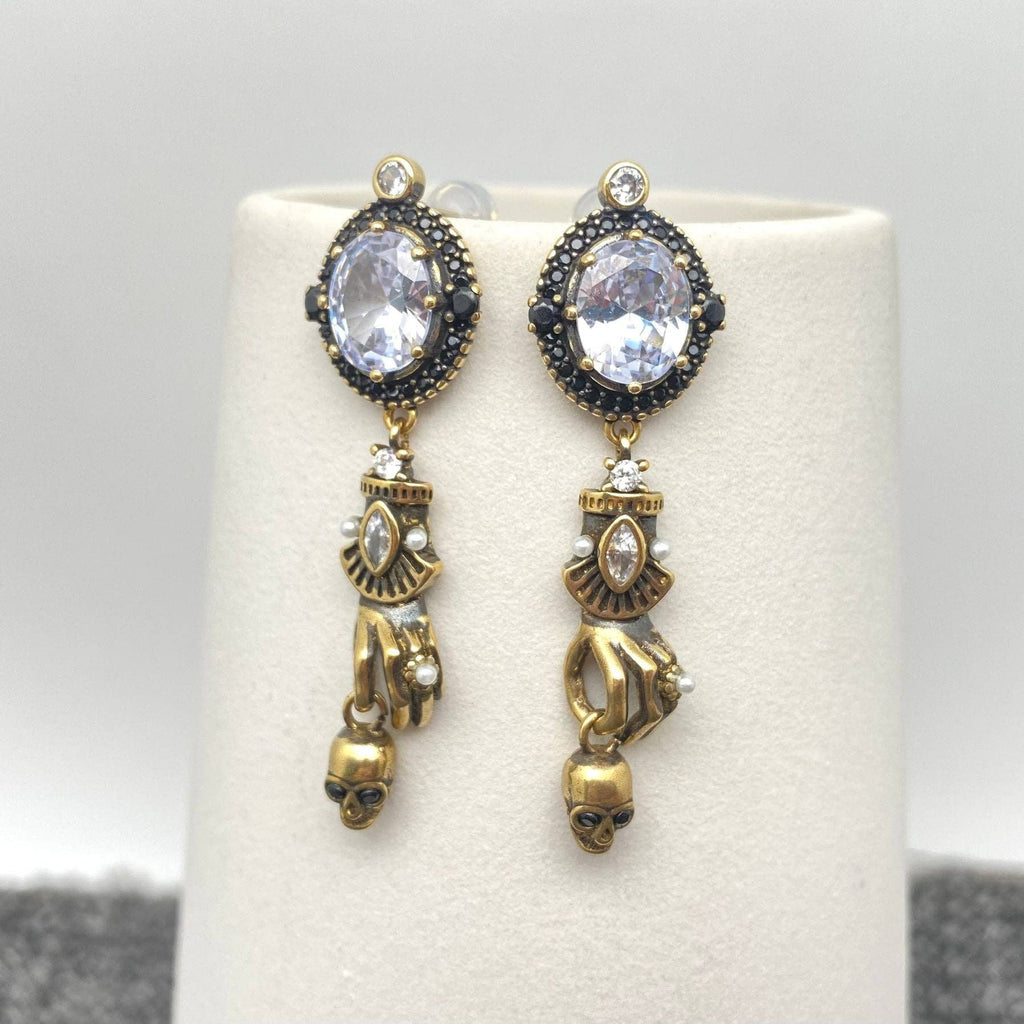 The Skull In Hand Vintage Gothic Charm CZ Post Earrings - GT
