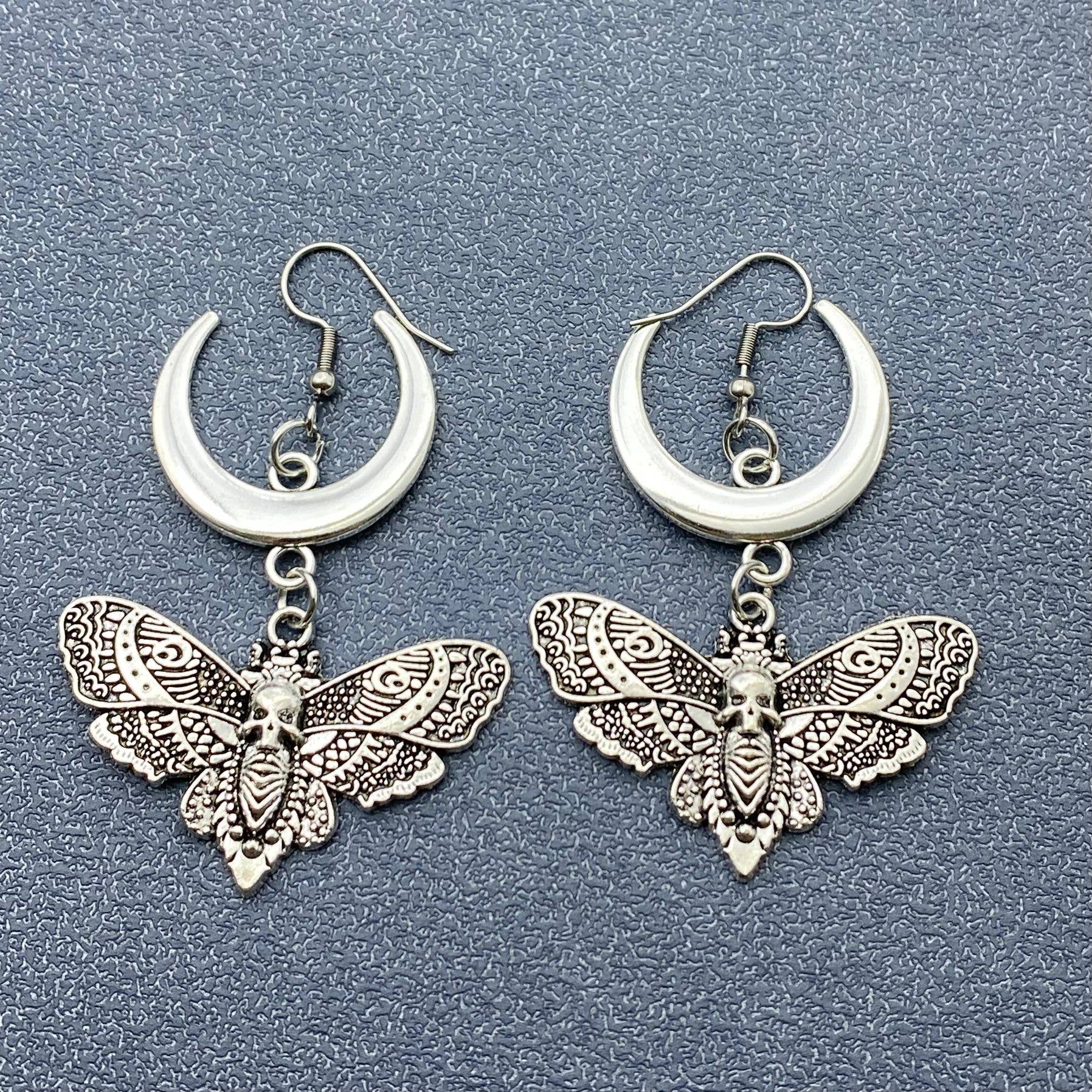 Gothic Style Moth & Moon Dangle Earrings - GT