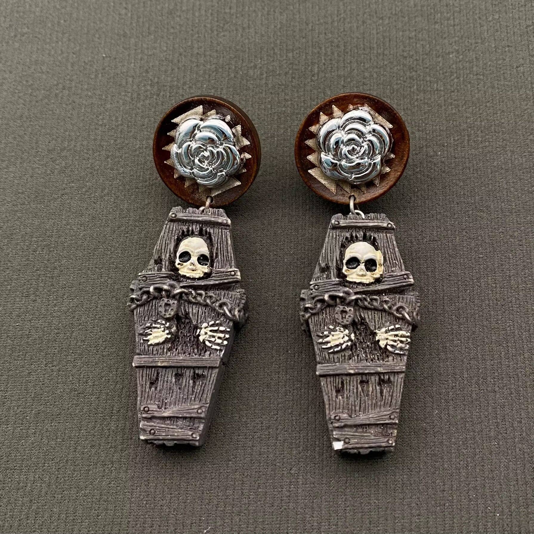 Halloween Jewelry Resin Skull Coffin Earrings - GT