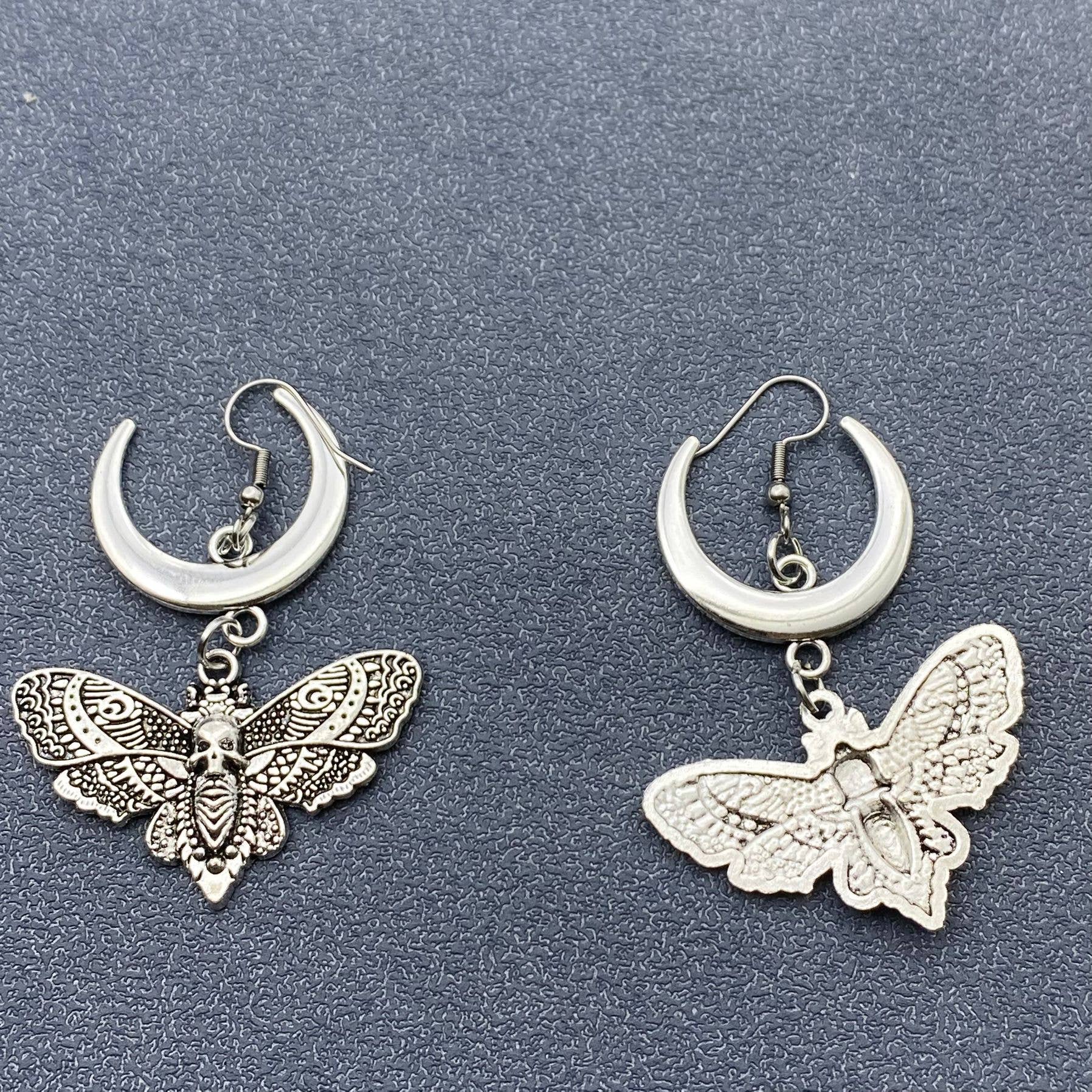 Gothic Style Moth & Moon Dangle Earrings - GT